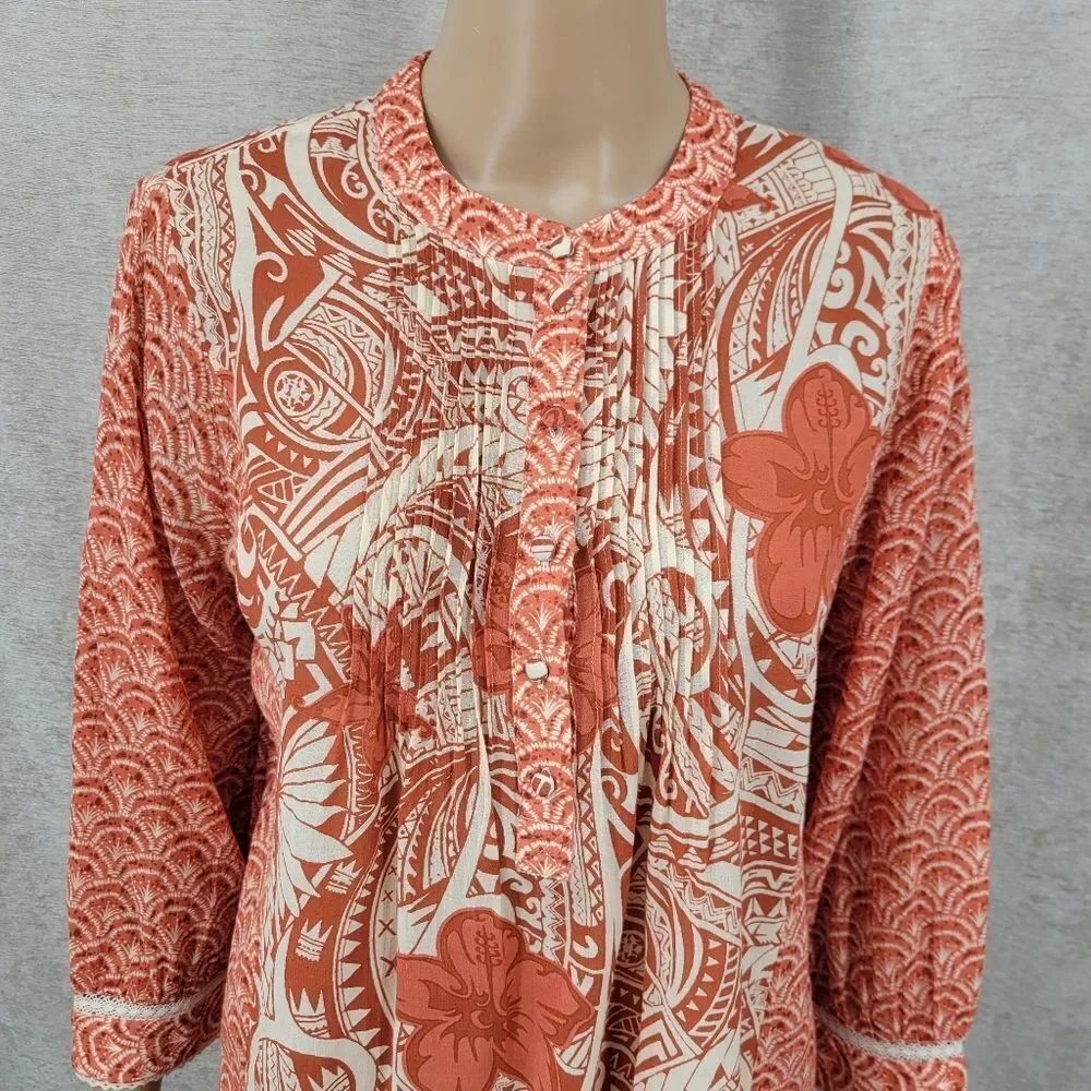 Soft Surroundings Floral Patterned 3/4 Sleeve Tunic Rust Terracotta and Cream - Picture 2 of 12